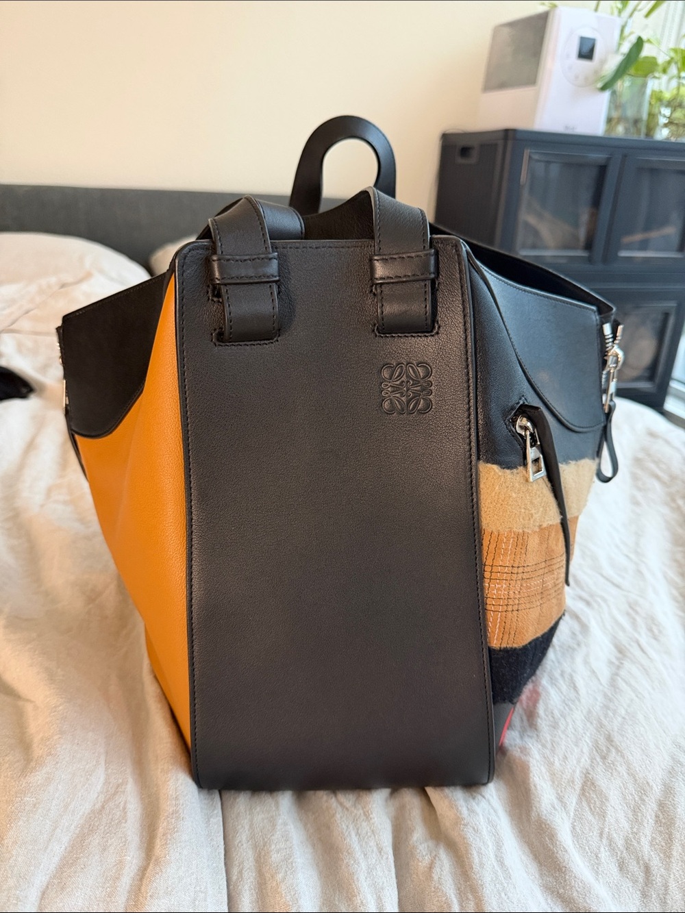 LOEWE Medium Hammock Bag in Black & Mustard Patchwork